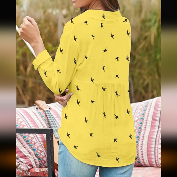 Yellow Button Down Shirt with Bird Print - Picture 2 of 5